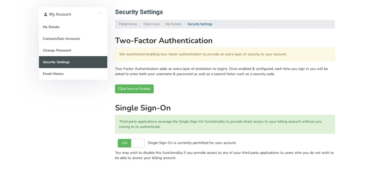 The Security Settings page with the Two-Factor Authentication block and the button Click here to Enable.