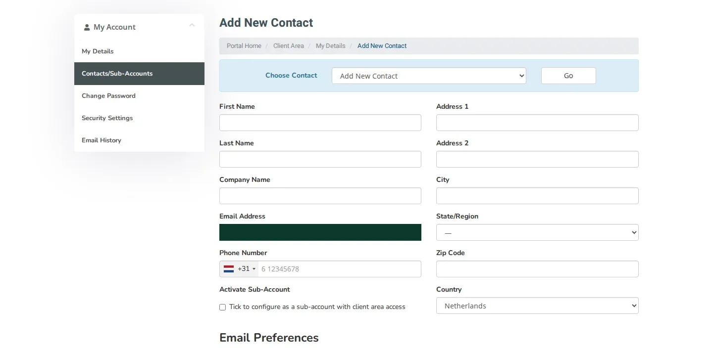 The Add New Contact page with the contact details, the Activate Sub-Account option and the Email Preferences.