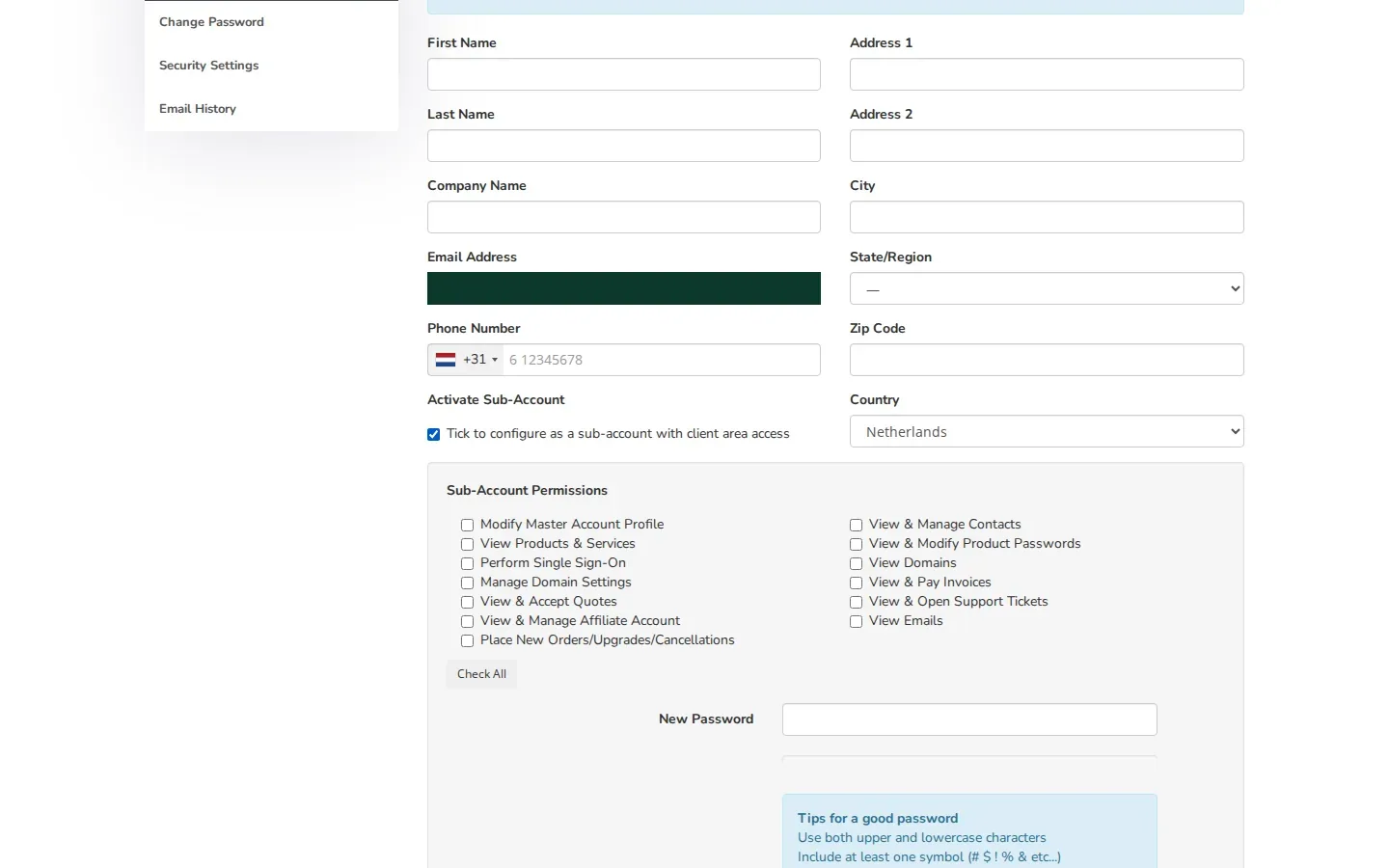 The Sub-Account Permissions that appear once you enable the sub-account, with the password fields below.