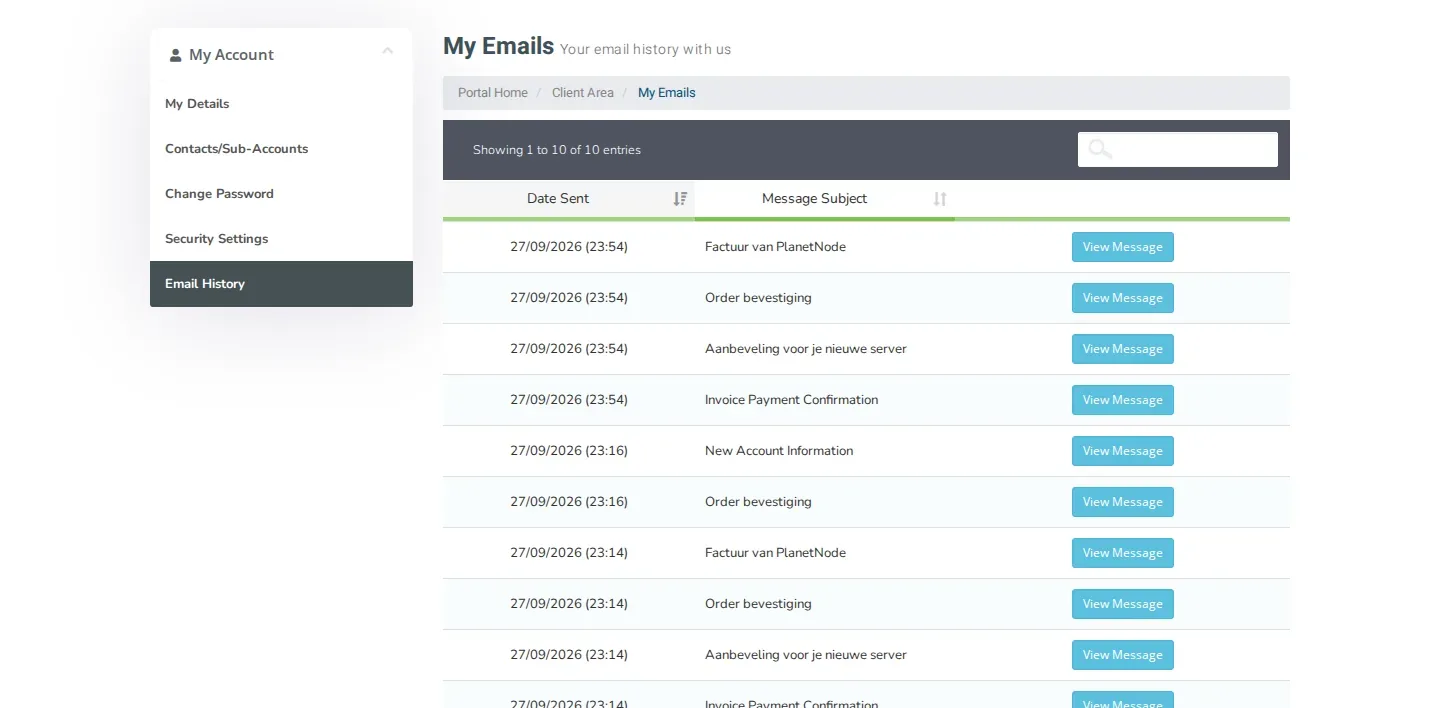The Email History page with the emails we sent you and a View Message button per email.