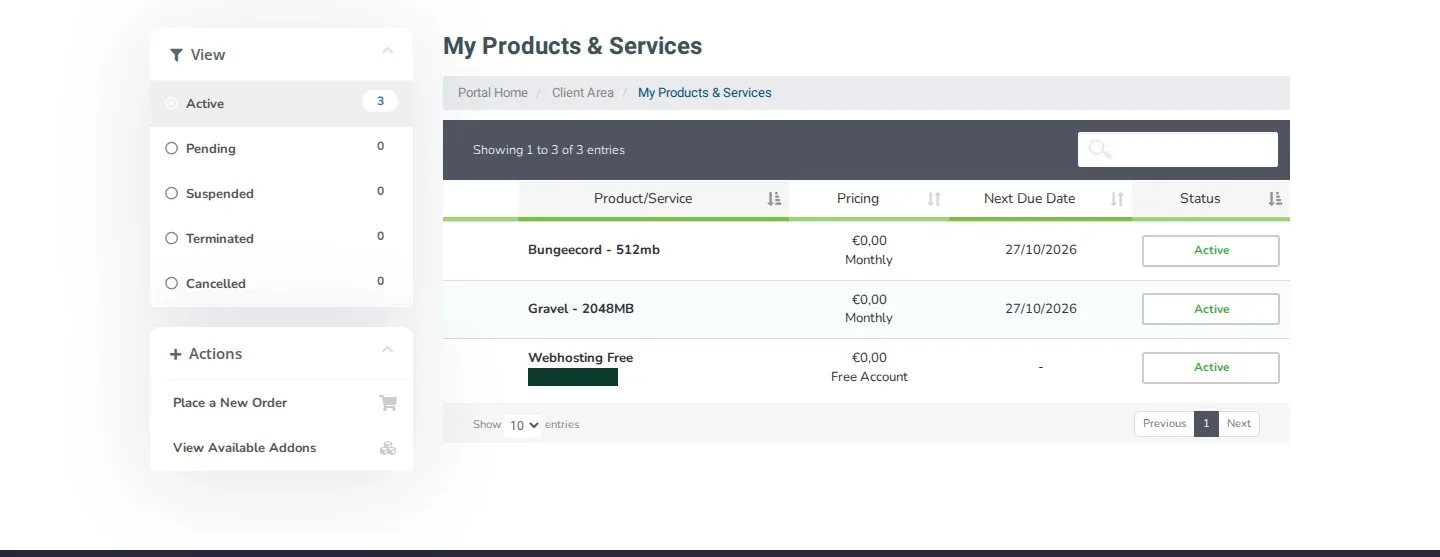 The My Products &amp; Services page with all your services, their price, next due date and status.