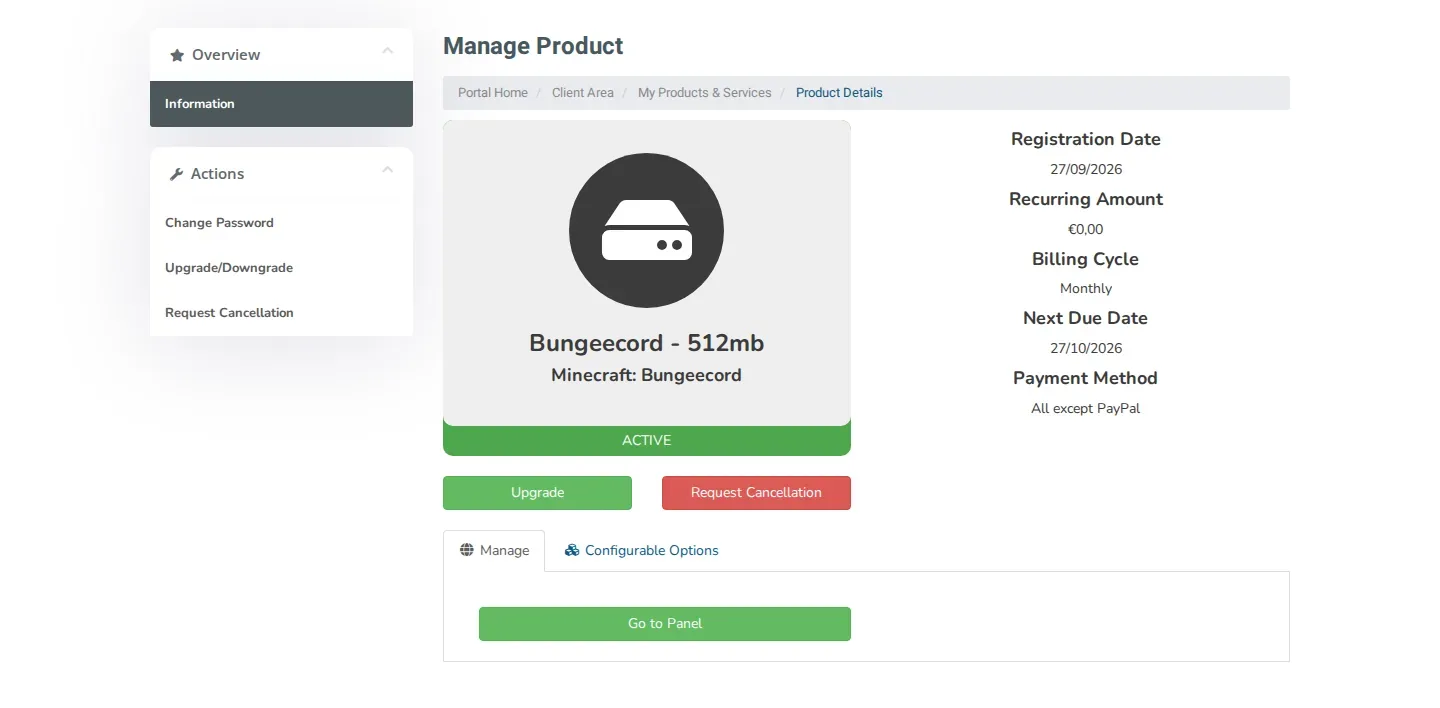 The Manage Product page of a service with the Actions menu on the left and the Go to Panel button.