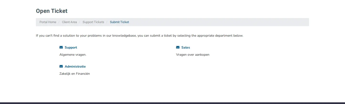The Open Ticket page with the departments Support, Sales and Administratie.