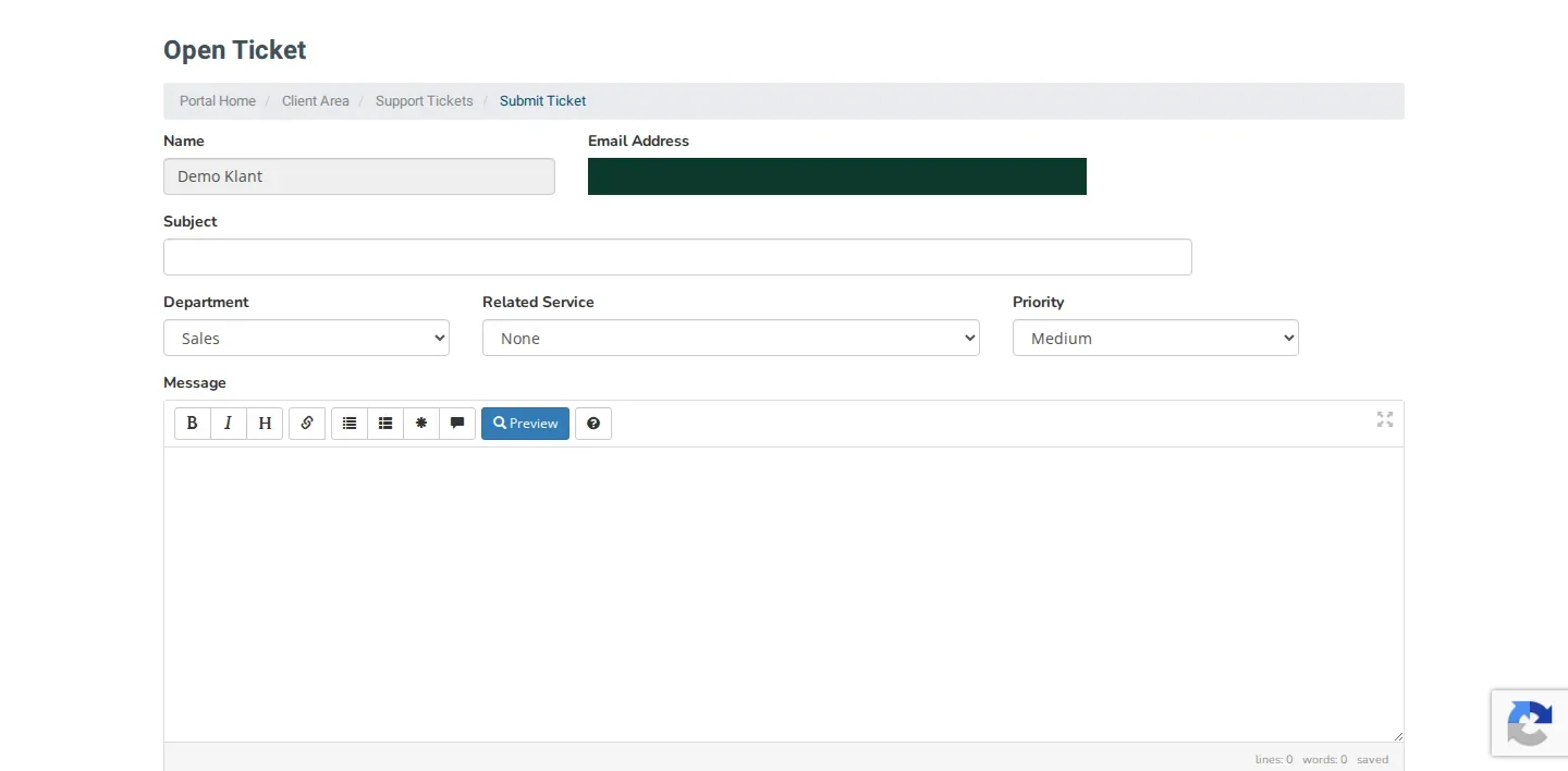 The new ticket form with the fields Subject, Department, Related Service, Priority and Message.