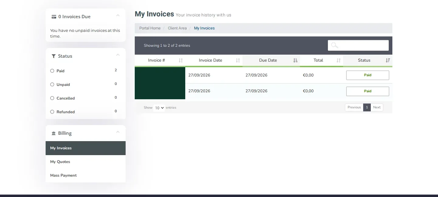 The My Invoices page with the invoice number (masked), invoice date, due date, total and status per invoice.