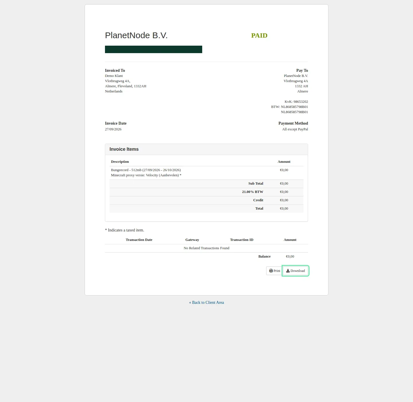 An invoice in the client area with the Print and Download buttons at the bottom.