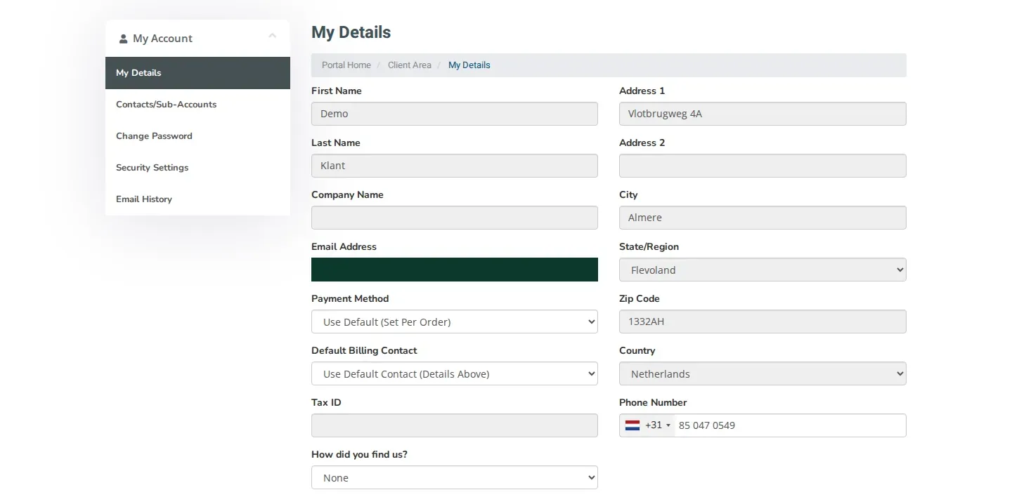 The My Details page with greyed-out fields for your name, company name, address and VAT number, and the fields you can change yourself, such as your phone number and the default payment method.