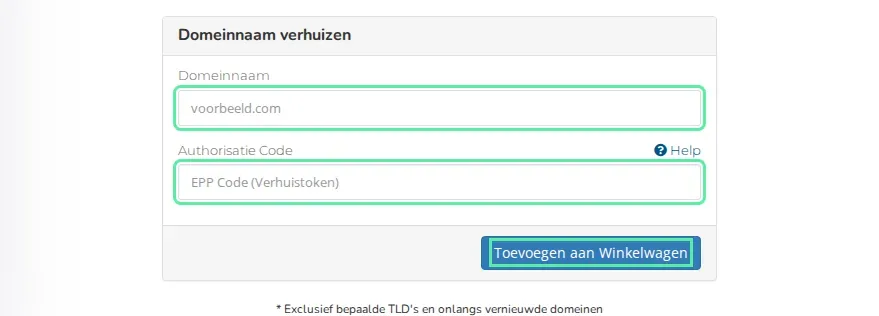 Het formulier Domeinnaam verhuizen met de velden Domeinnaam en Authorisatie Code en de knop Toevoegen aan Winkelwagen.