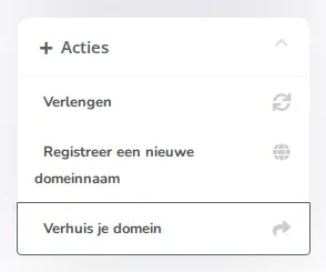 Het blok Acties bij Mijn domeinnamen met de link Verhuis je domein.