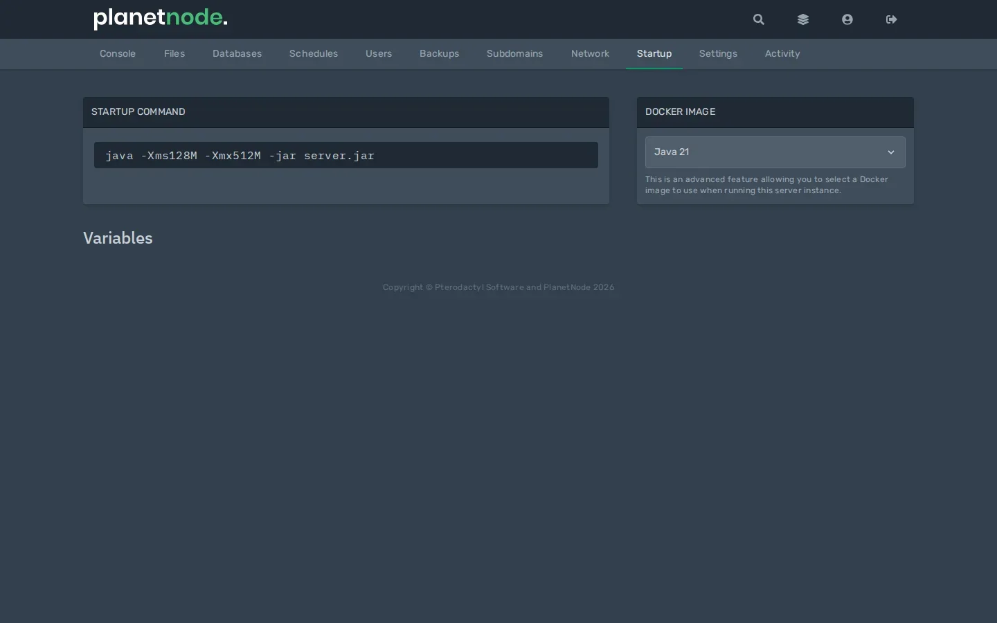 The Startup page of a server in the game panel, with the Docker Image menu on the right.