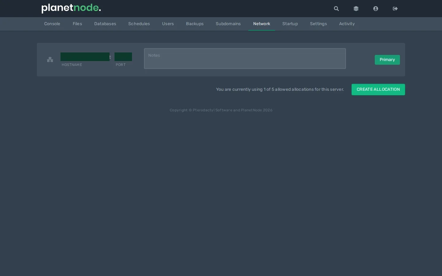 The Network tab in the game panel with the server's address and port and the Create Allocation button.