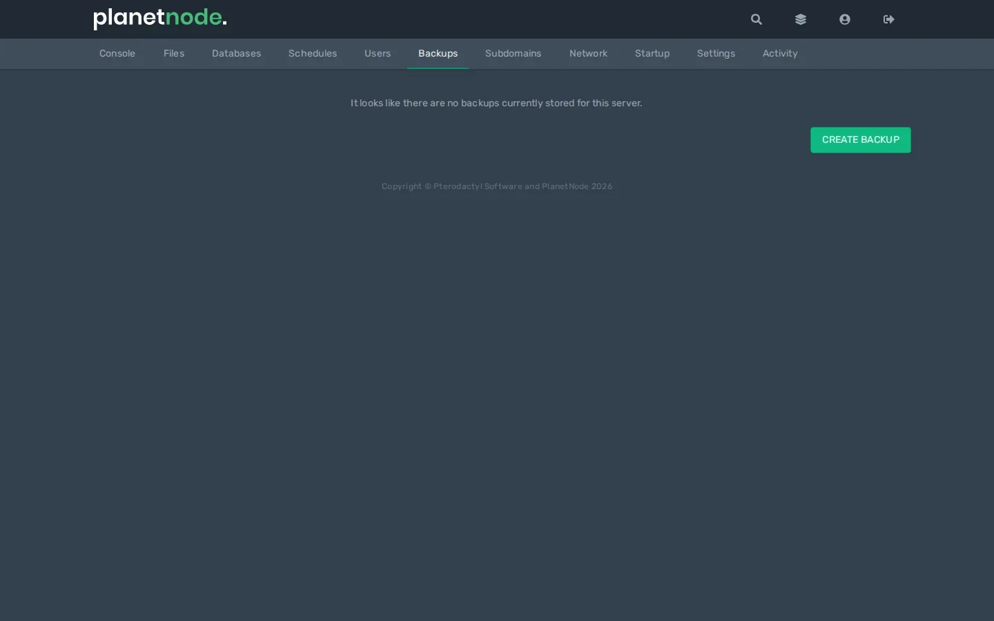 The Backups tab in the game panel with the Create Backup button.