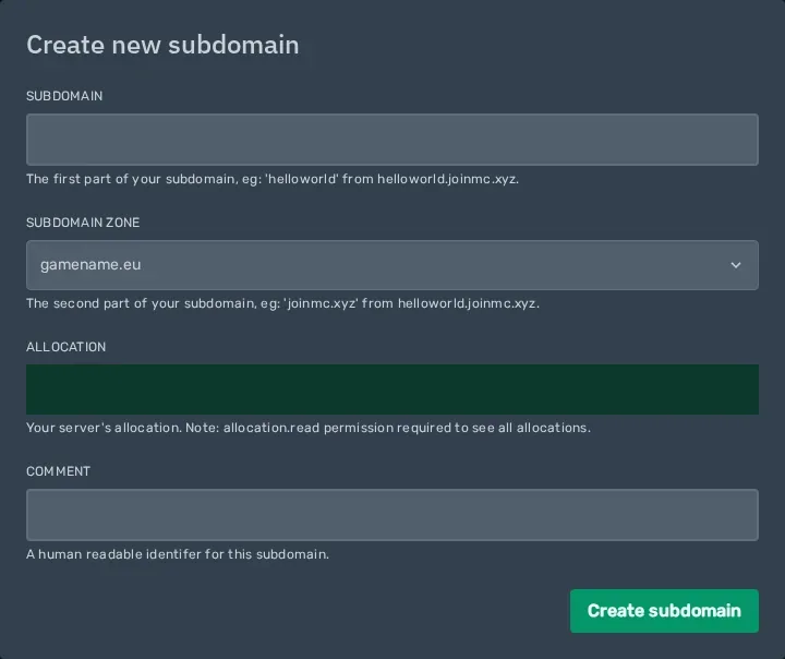 The Create new subdomain window with the fields Subdomain, Subdomain zone, Allocation and Comment.