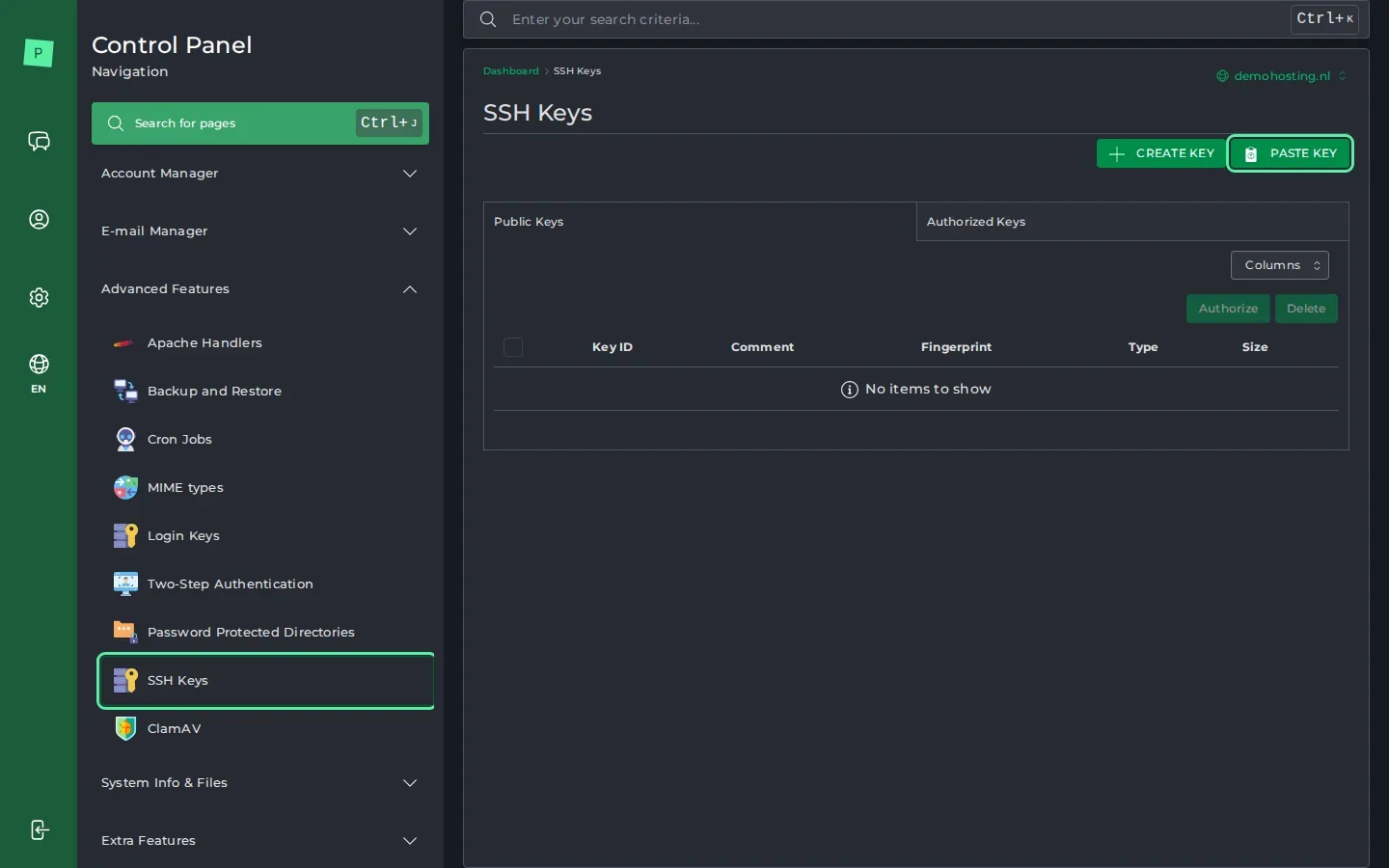 De pagina SSH Keys in DirectAdmin, geopend via Advanced Features in het menu links, met rechtsboven de knop Paste Key.