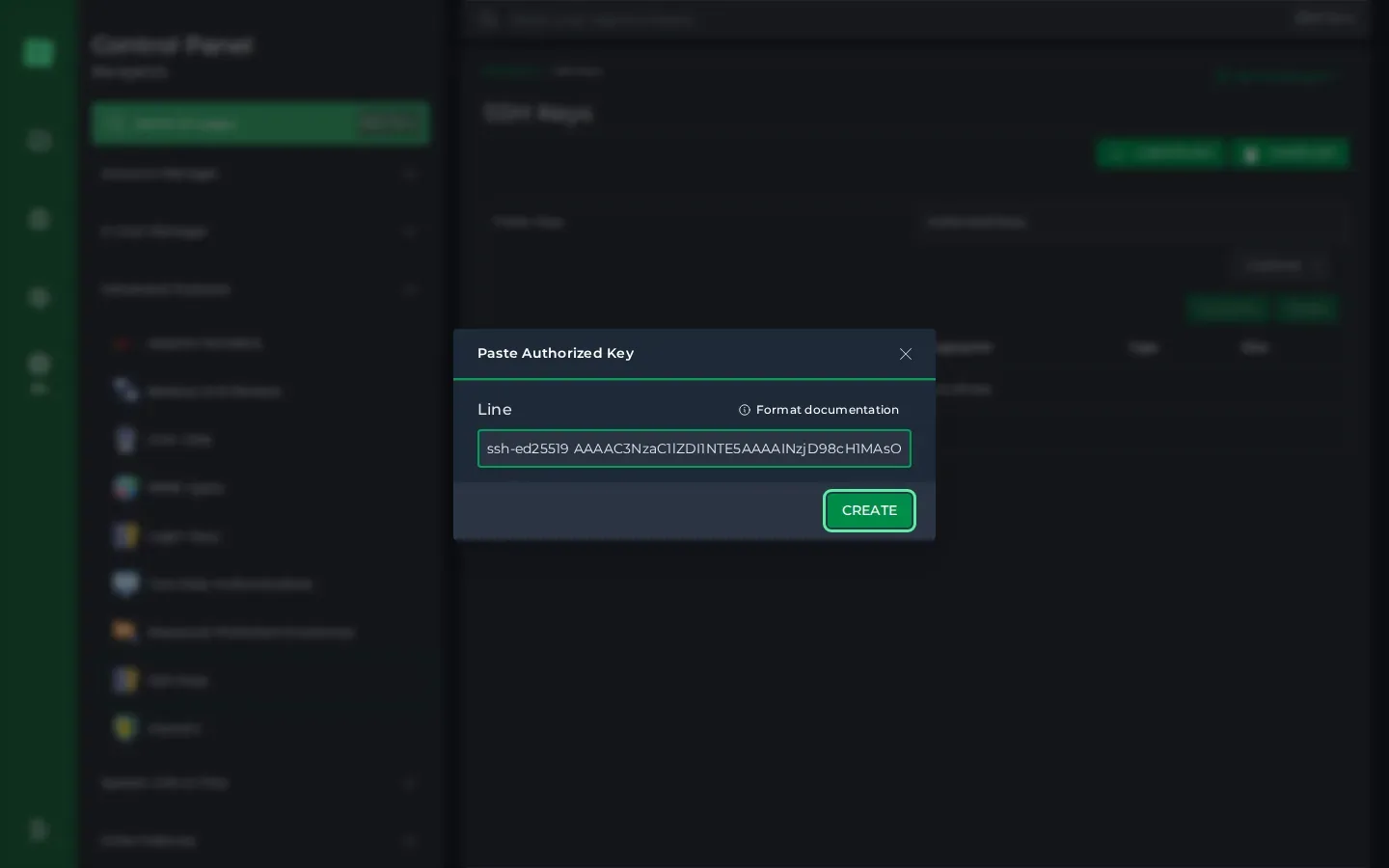Het venster Paste Authorized Key met een publieke sleutel in het veld Line en rechtsonder de knop Create.