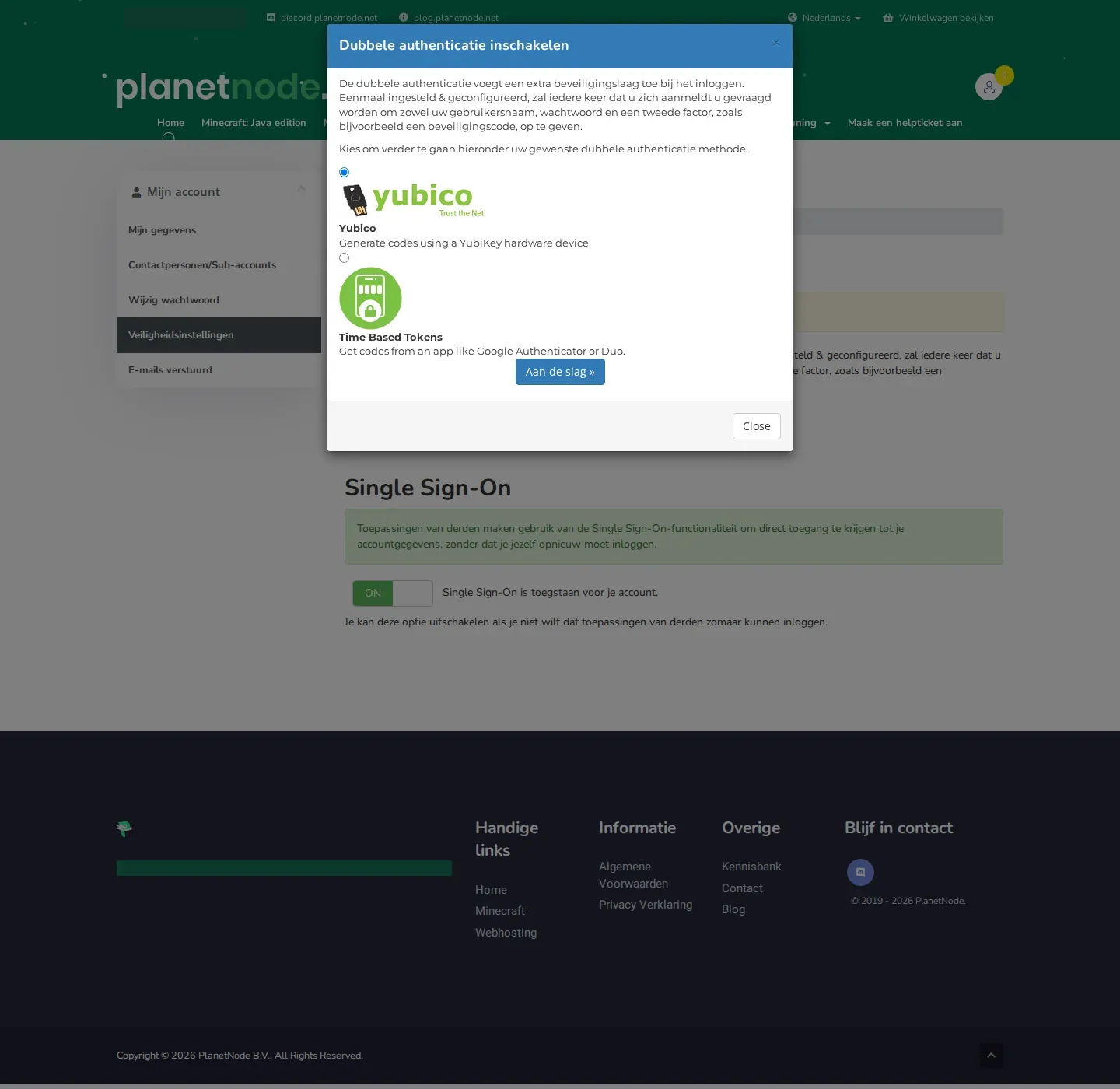 Het venster Dubbele authenticatie inschakelen met de keuze tussen Yubico en Time Based Tokens.