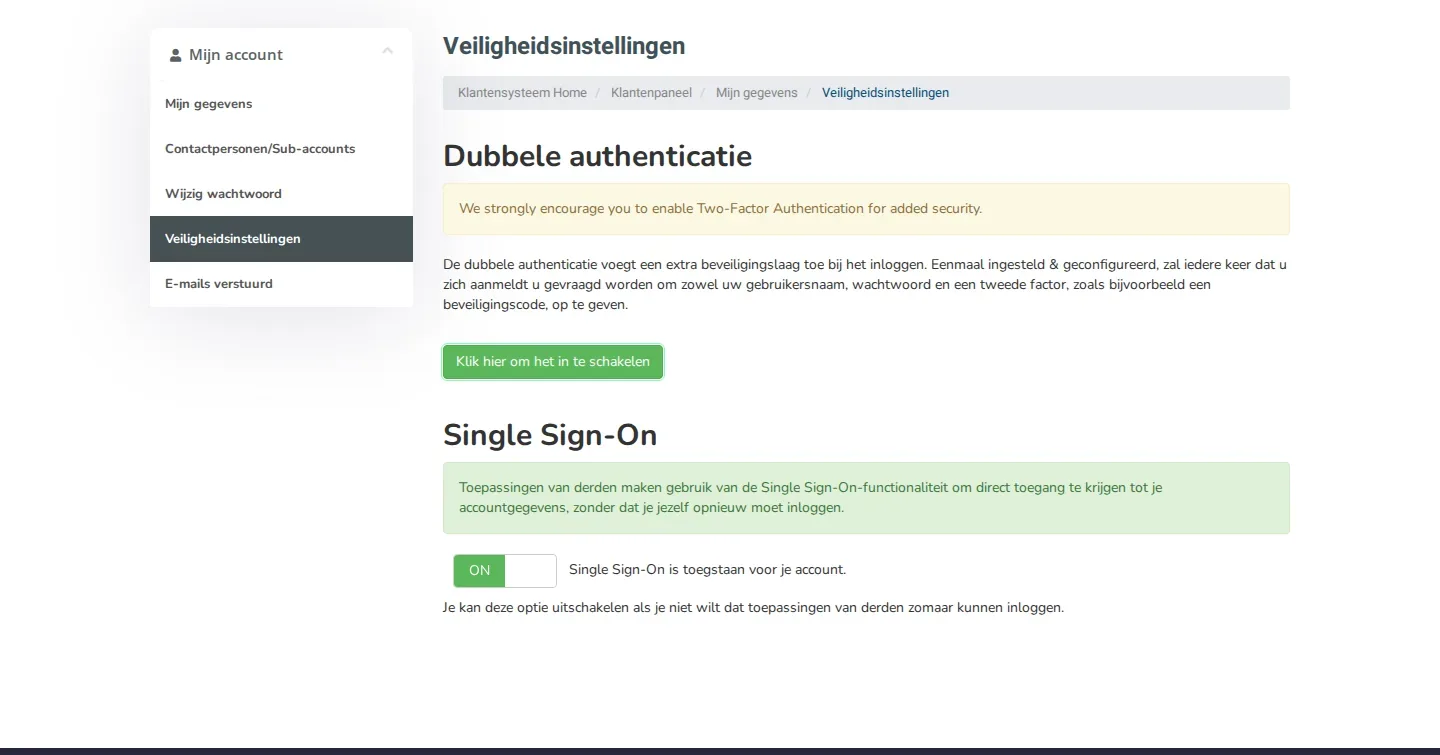 De pagina Veiligheidsinstellingen met het blok Dubbele authenticatie en de knop Klik hier om het in te schakelen.