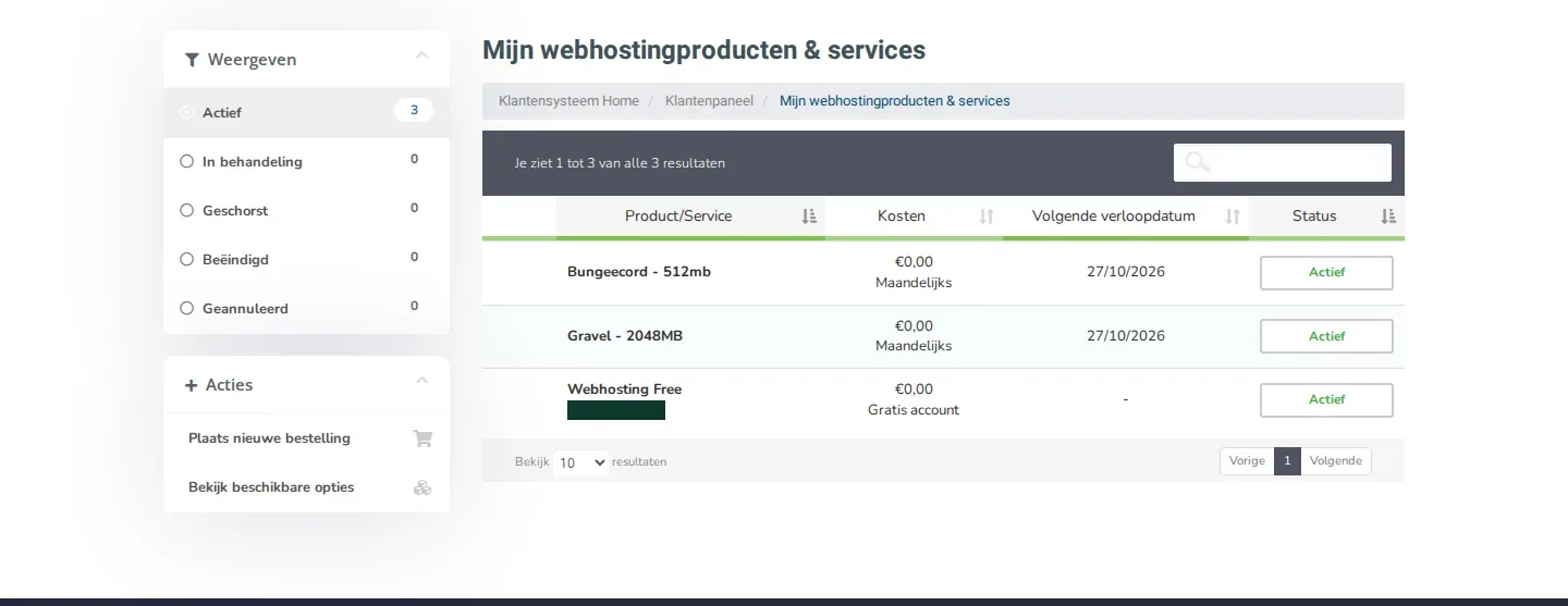 De pagina Mijn webhostingproducten &amp; services met al je diensten, de kosten, de volgende verloopdatum en de status.