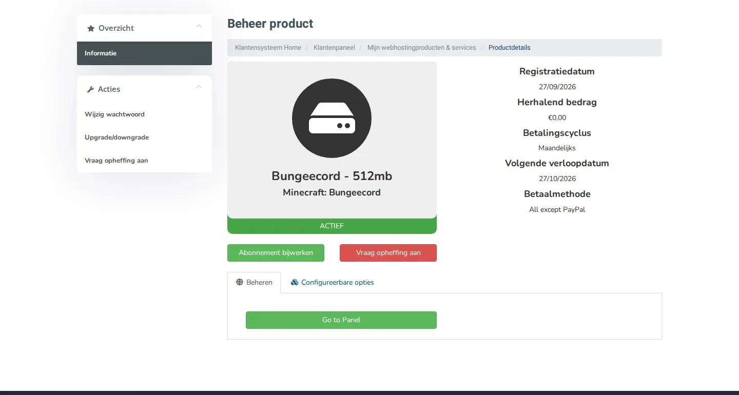 De pagina Beheer product van een dienst met links het menu Acties en rechts de knop Go to Panel.