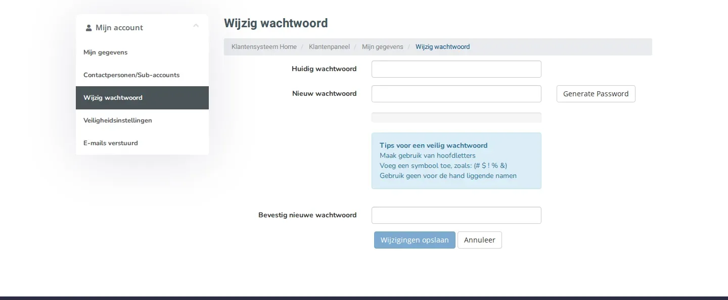 De pagina Wijzig wachtwoord in het klantpaneel met de velden Huidig wachtwoord, Nieuw wachtwoord en Bevestig nieuwe wachtwoord.