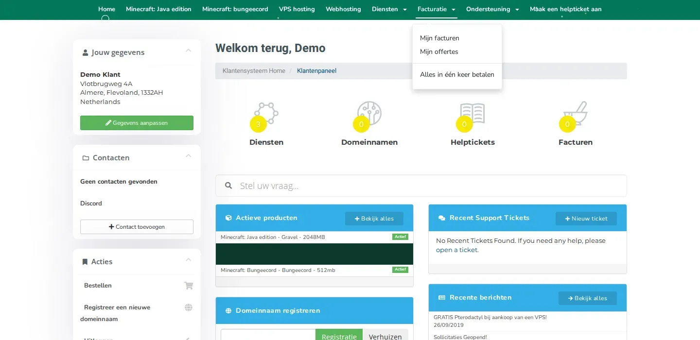 Het geopende menu Facturatie met Mijn facturen, Mijn offertes en Alles in één keer betalen.