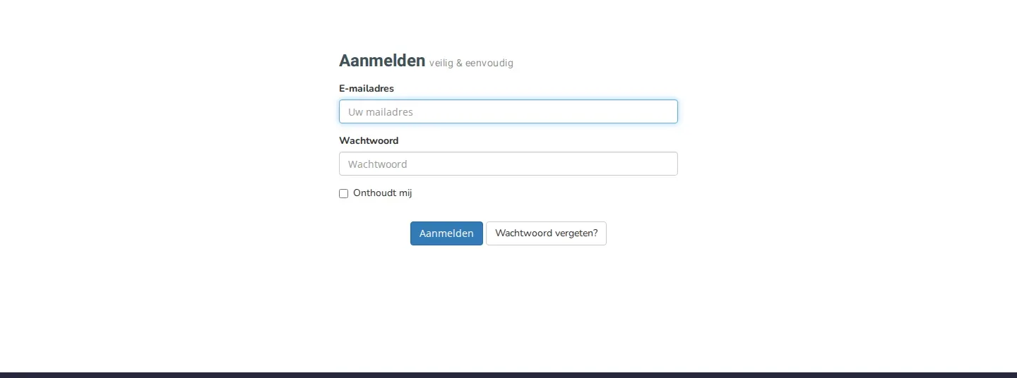 De inlogpagina van het klantpaneel met de velden E-mailadres en Wachtwoord, de knop Aanmelden en de knop Wachtwoord vergeten?.